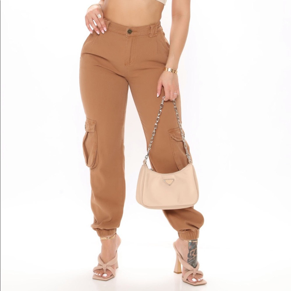 Fashion Nova Cognac That's Game Crossover Cargo Denim Jogger Pants L